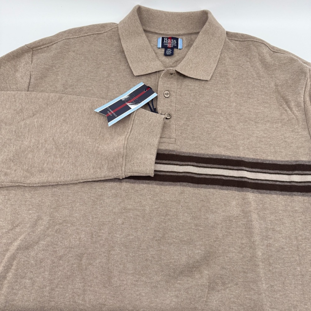 GH Bass Cambridge Polo Mens XXL Long Sleeve Tan Striped 100% Cotton NWT